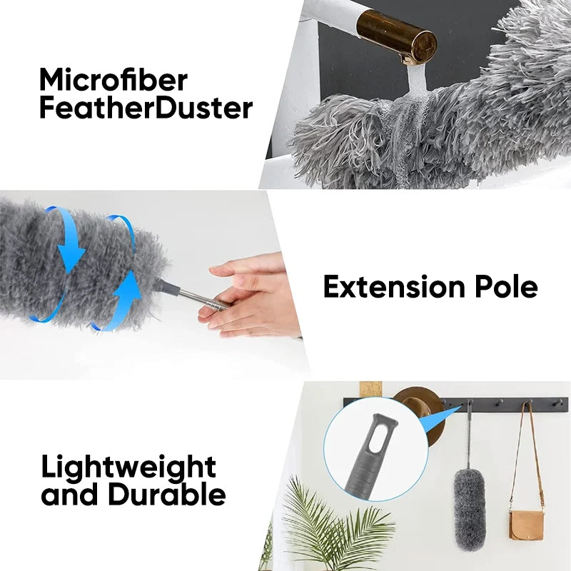 Extendable duster pole with soft, flexible microfiber head, ideal for corners and ceilings.