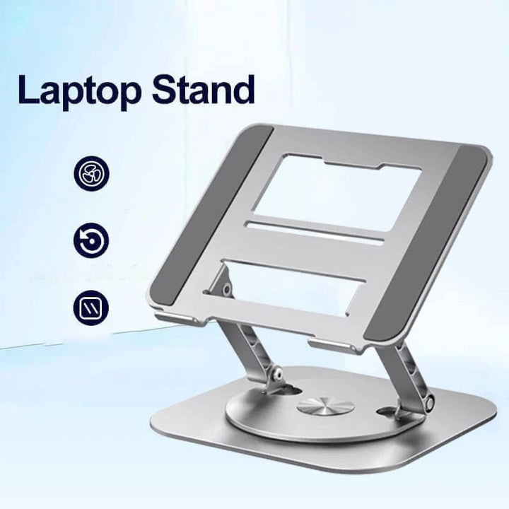 Adjustable rotating laptop stand in silver aluminum, enhancing ergonomic desk setup for productivity.