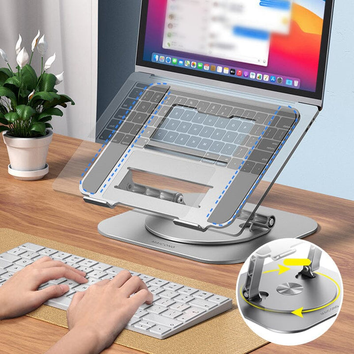 Multi-angle adjustable laptop stand with a rotating base, designed for optimal viewing and cooling.
