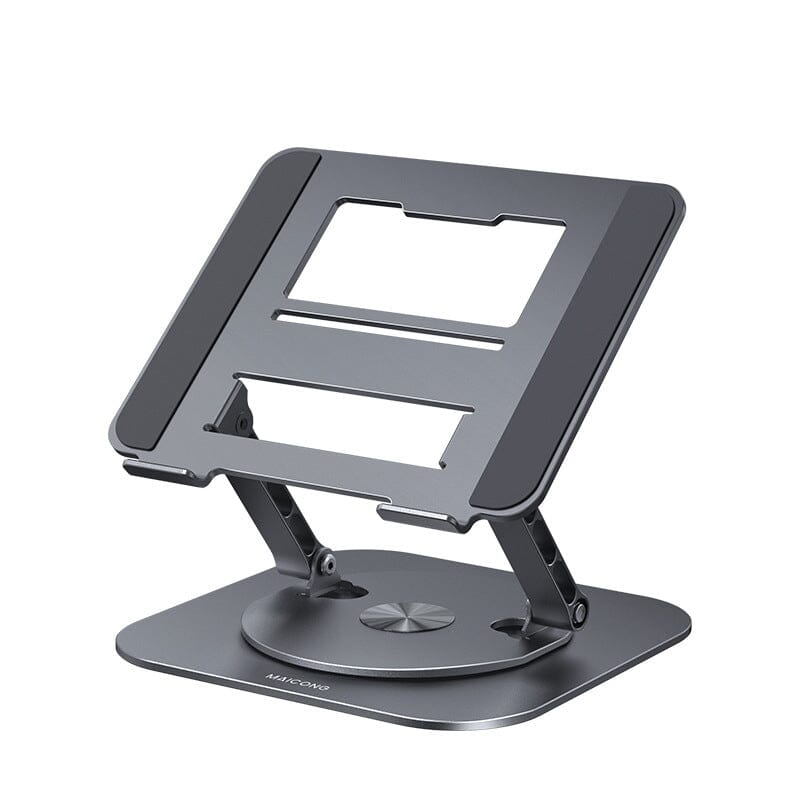 Compact and portable aluminum laptop stand, offering ergonomic adjustments and swivel for comfort.