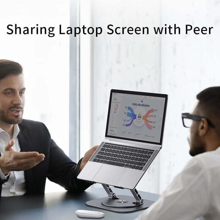 Portable aluminum laptop stand, adjustable and rotating, shown folded for easy transport and storage.