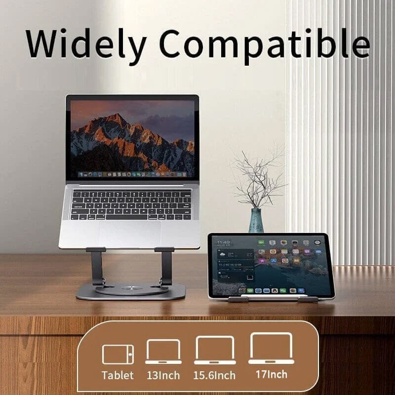 Laptop cooling stand with 360-degree rotation and height adjustment, featured on a modern desk.
