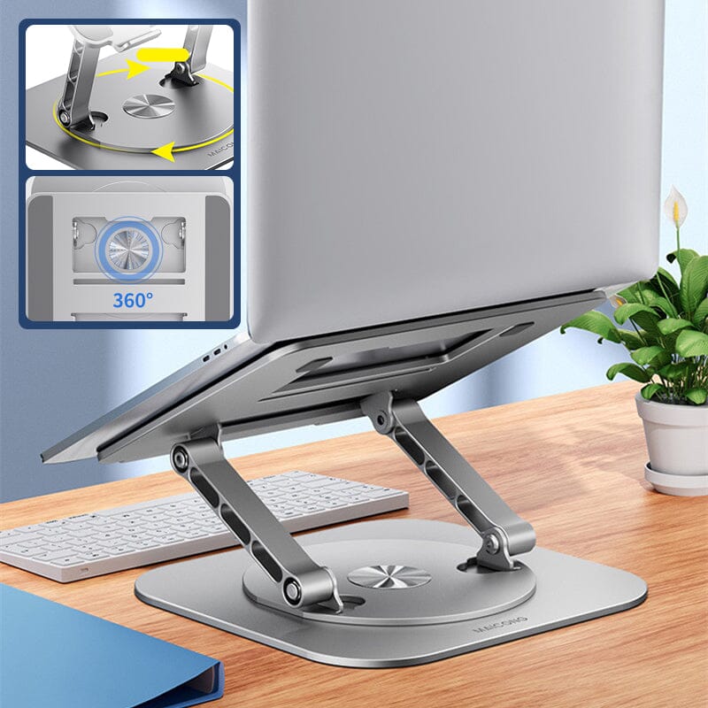 Close-up of the rotating base of an adjustable aluminum laptop stand, showcasing its smooth mechanism.