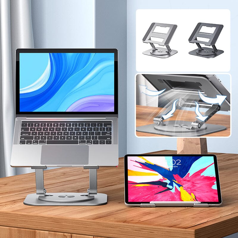 Ergonomic laptop riser, rotating and height-adjustable, perfect for home office or workplace setup.