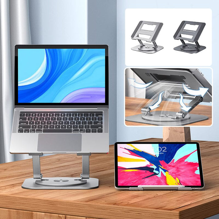 Ergonomic laptop riser, rotating and height-adjustable, perfect for home office or workplace setup.