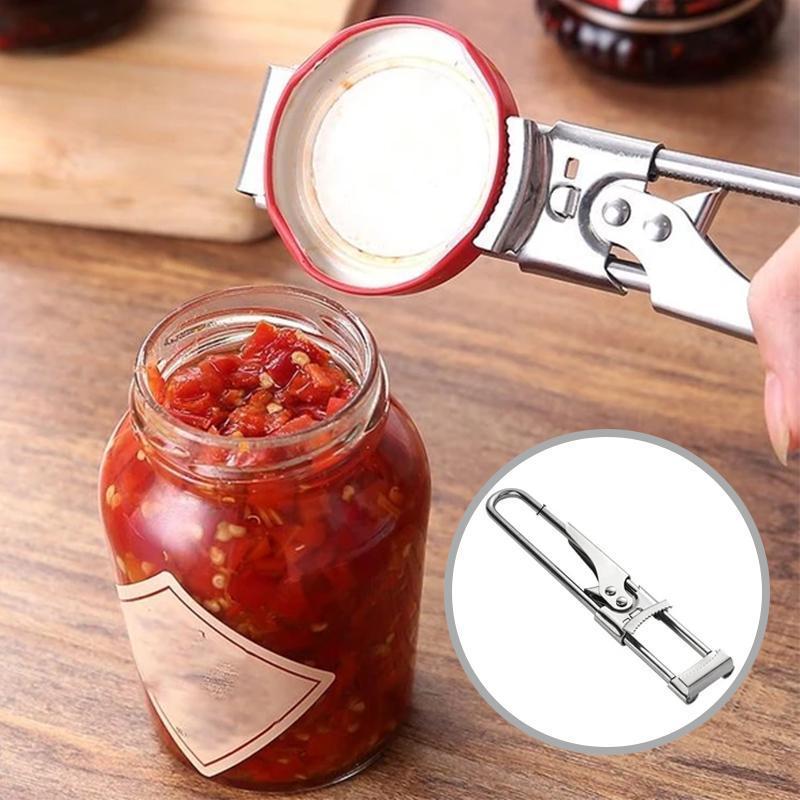 Adjustable stainless steel jar and bottle opener, main view on white background for kitchen convenience.