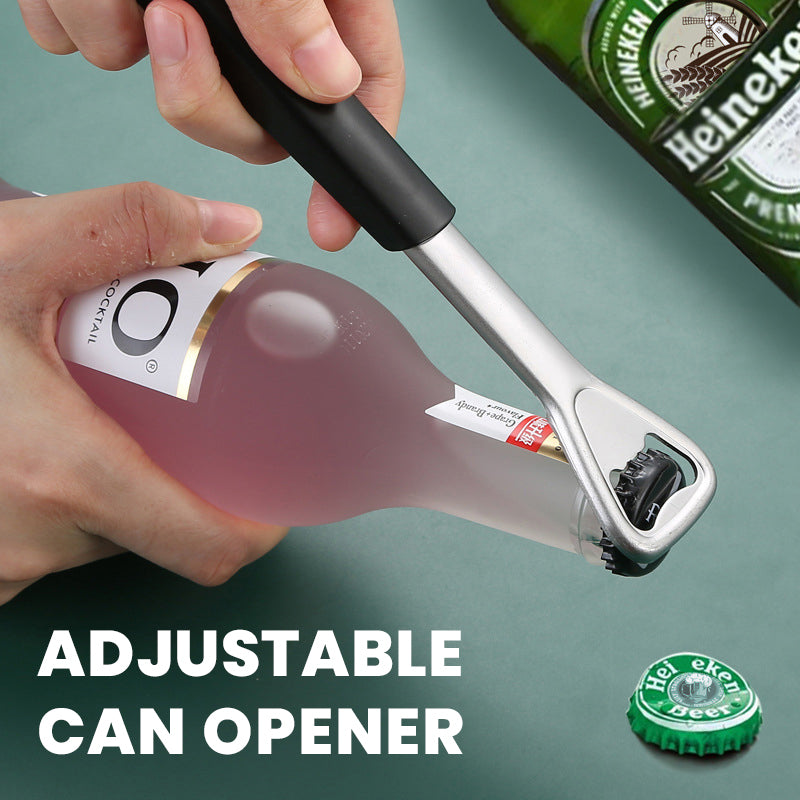 Adjustable stainless steel jar opener, ergonomic design for easy grip and arthritis relief. Kitchen gadget.