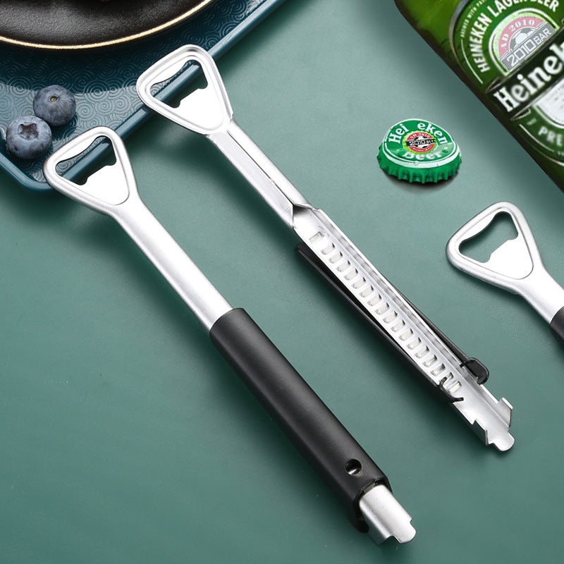Stainless steel bottle opener with adjustable jaw for various sizes, ideal for weak hands or arthritis.