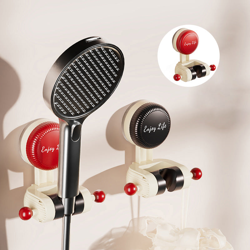 Adjustable suction shower holder, no drill, holding a shower head on a tiled wall