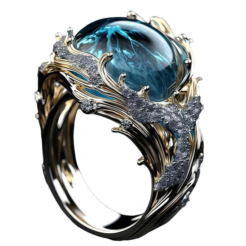 Detailed shot of an adjustable ocean wave ring, emphasizing the textured wave and smooth band