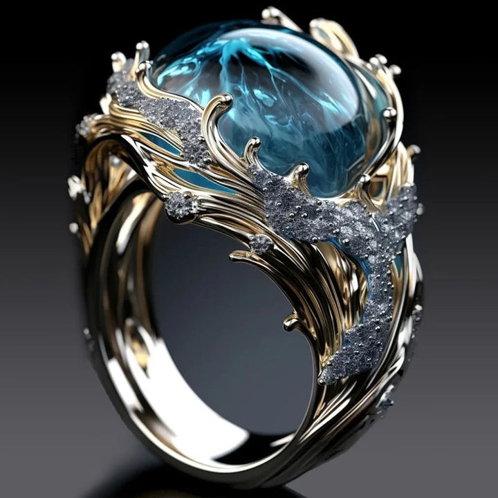 Hand holding an adjustable ocean wave ring, highlighting its unique design and craftsmanship