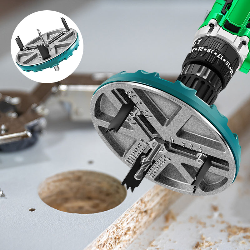Adjustable woodworking hole saw cutter tool for precise drilling in wood and plastic, DIY carpentry