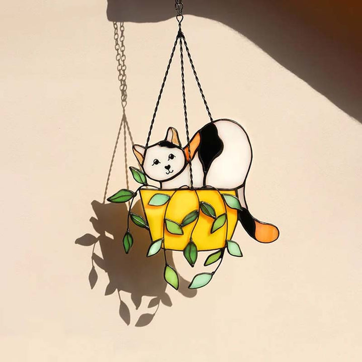 Adorable stained glass cat in flowerpot suncatcher, vibrant home decor