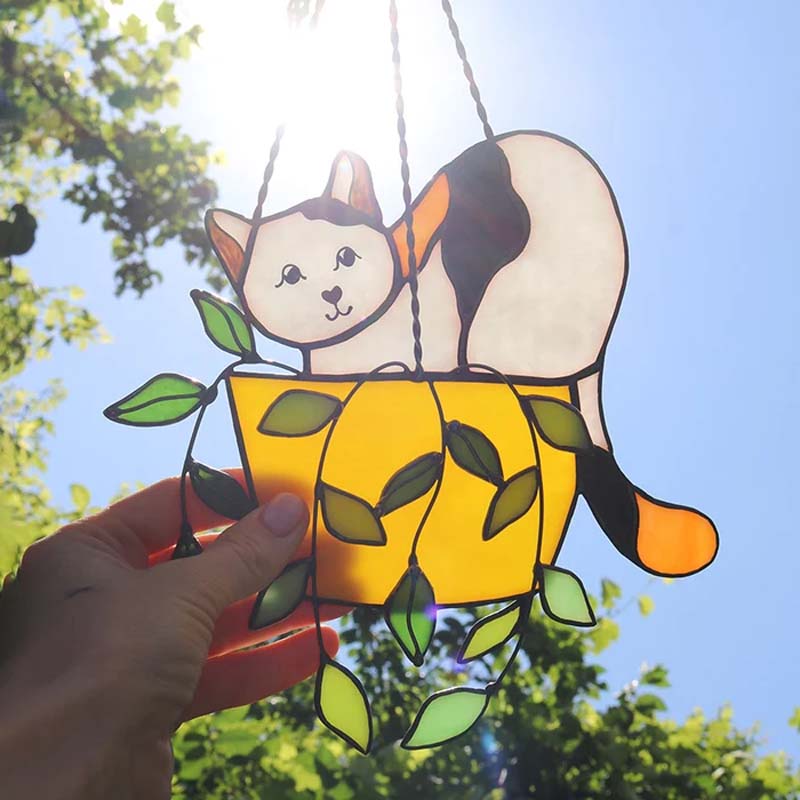 Unique stained glass cat in flowerpot suncatcher, brings color to any room