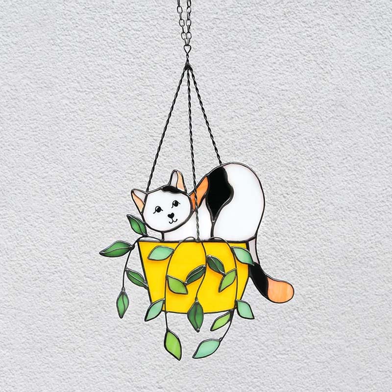 Bright stained glass cat in flowerpot design, perfect for window display or gift