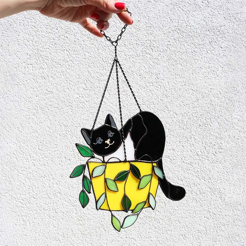 Decorative stained glass cat in pot suncatcher, adds a pop of color to interiors