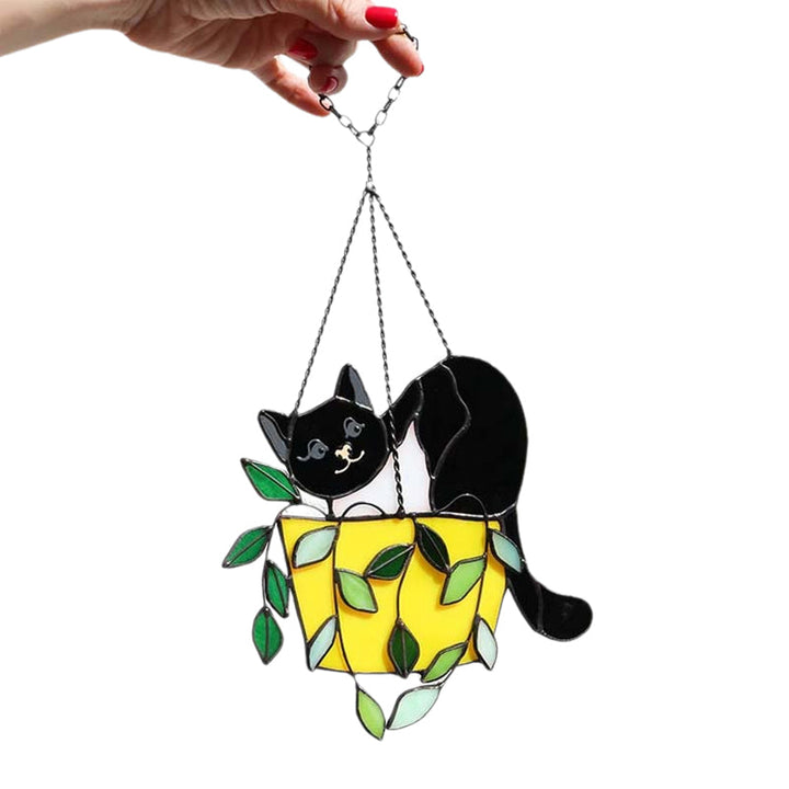Handmade stained glass suncatcher featuring a cute cat in a flowerpot, unique gift