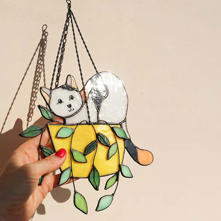Colorful cat in bloom stained glass suncatcher, ideal for any garden or window