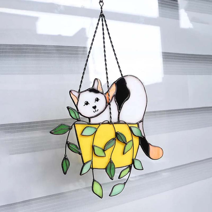 Stained glass cat in container, handcrafted home decor with a playful touch