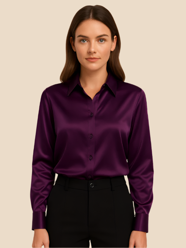 Adriana button blouse, a versatile long sleeve top for women's office style.