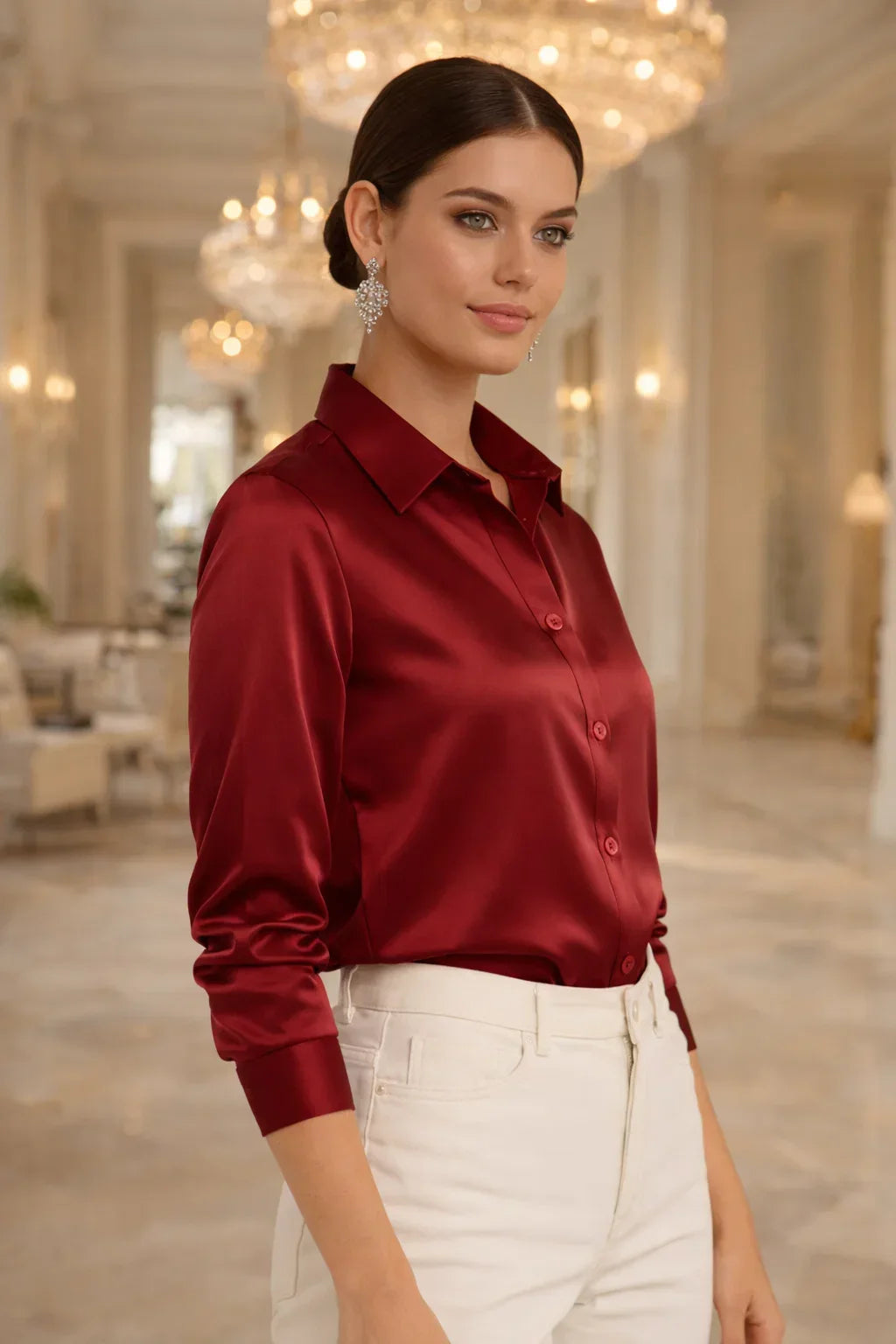 Professional Adriana long sleeve blouse, essential for modern workwear.