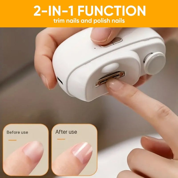 White and grey electric nail clippers showing safety lock feature, essential for baby care hygiene
