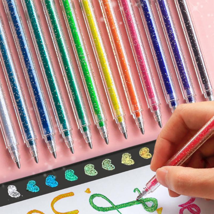 Open Adult Coloring Book Glitter Gel Pen Set case, displaying all pens ready for use