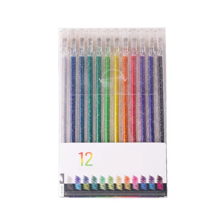 Detail shot of a glitter gel pen cap and barrel, emphasizing the quality for adult coloring