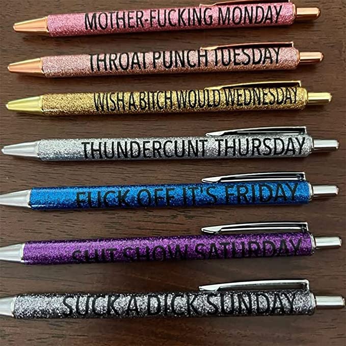 Adult humor retractable black ink pen set with funny sayings, ideal for gag gifts or novelty office supplies.