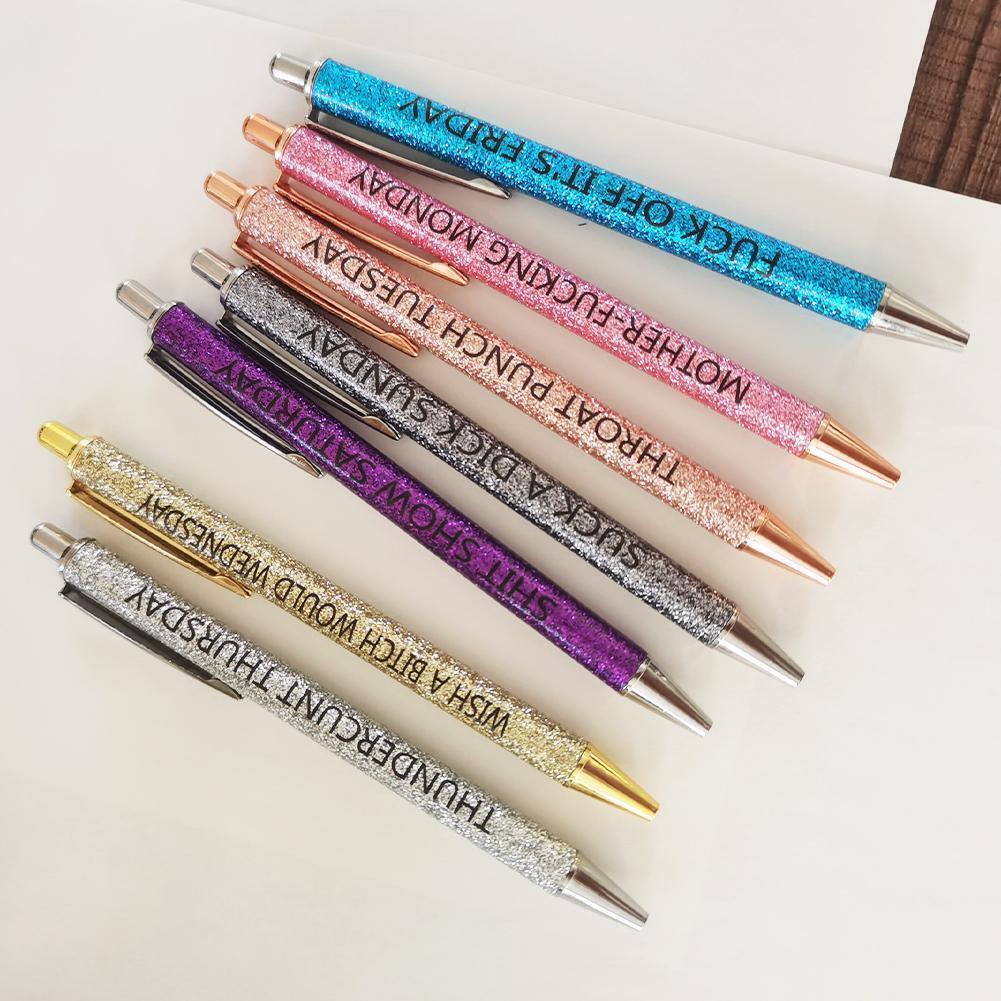 Variety of adult humor retractable pens, black ink, displayed as funny gifts or office desk accessories.