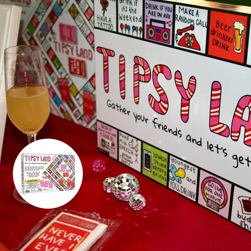 Adult Party Drinking Game box with friends laughing, beer, and cards, perfect for game night fun.