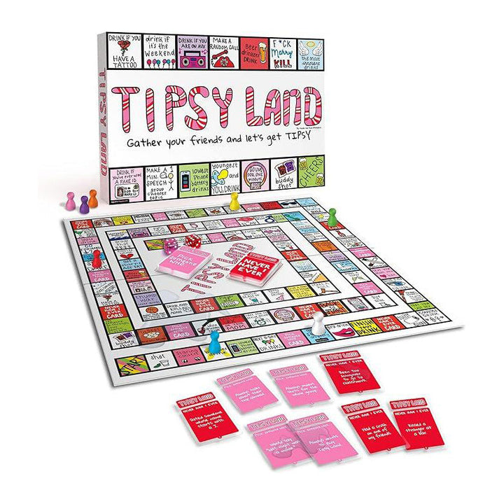 Adult Party Drinking Game cards scattered festive table, indicating a lively party game atmosphere.
