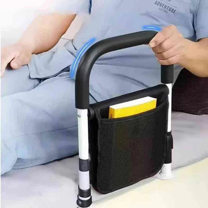 Ergonomic bedside safety handle with adjustable height, offering stable support for easy transitions from bed.