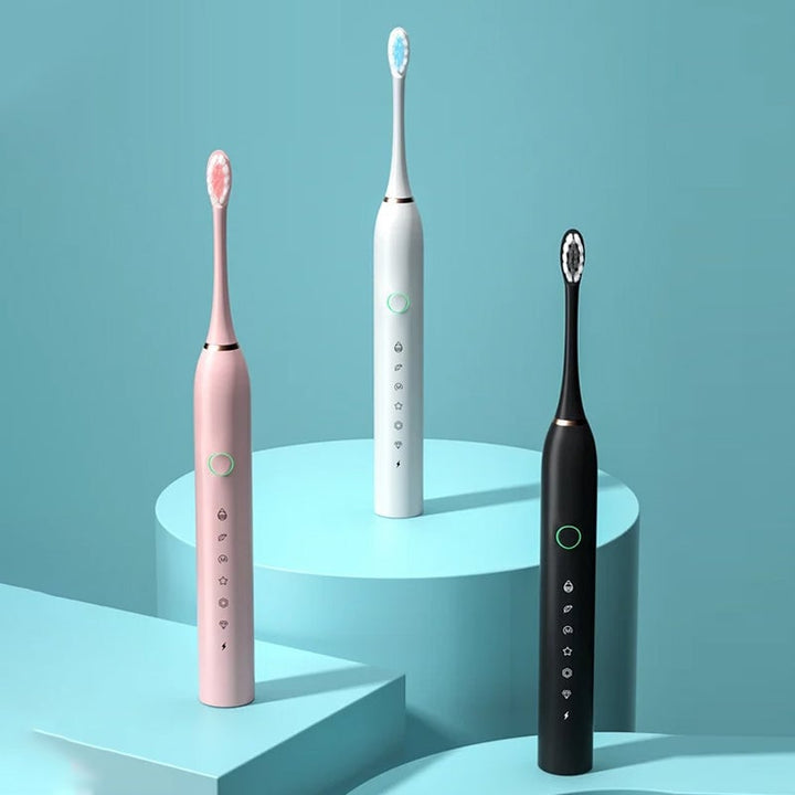 User smiling after using Adult's Sonic Electric Toothbrush, showcasing clean teeth, oral care