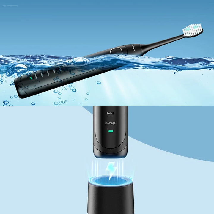 Close-up of power button on Adult's Sonic Electric Toothbrush, easy to use, advanced oral hygiene