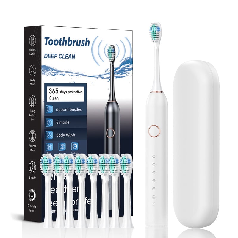User holding Adult's Sonic Electric Toothbrush, demonstrating proper brushing technique for dental hygiene