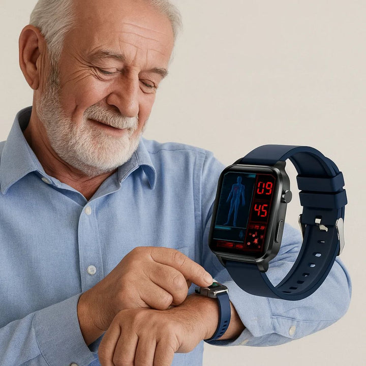 Pain-free glucose tracker smartwatch for adults, featuring non-invasive blood sugar monitoring & HD display.