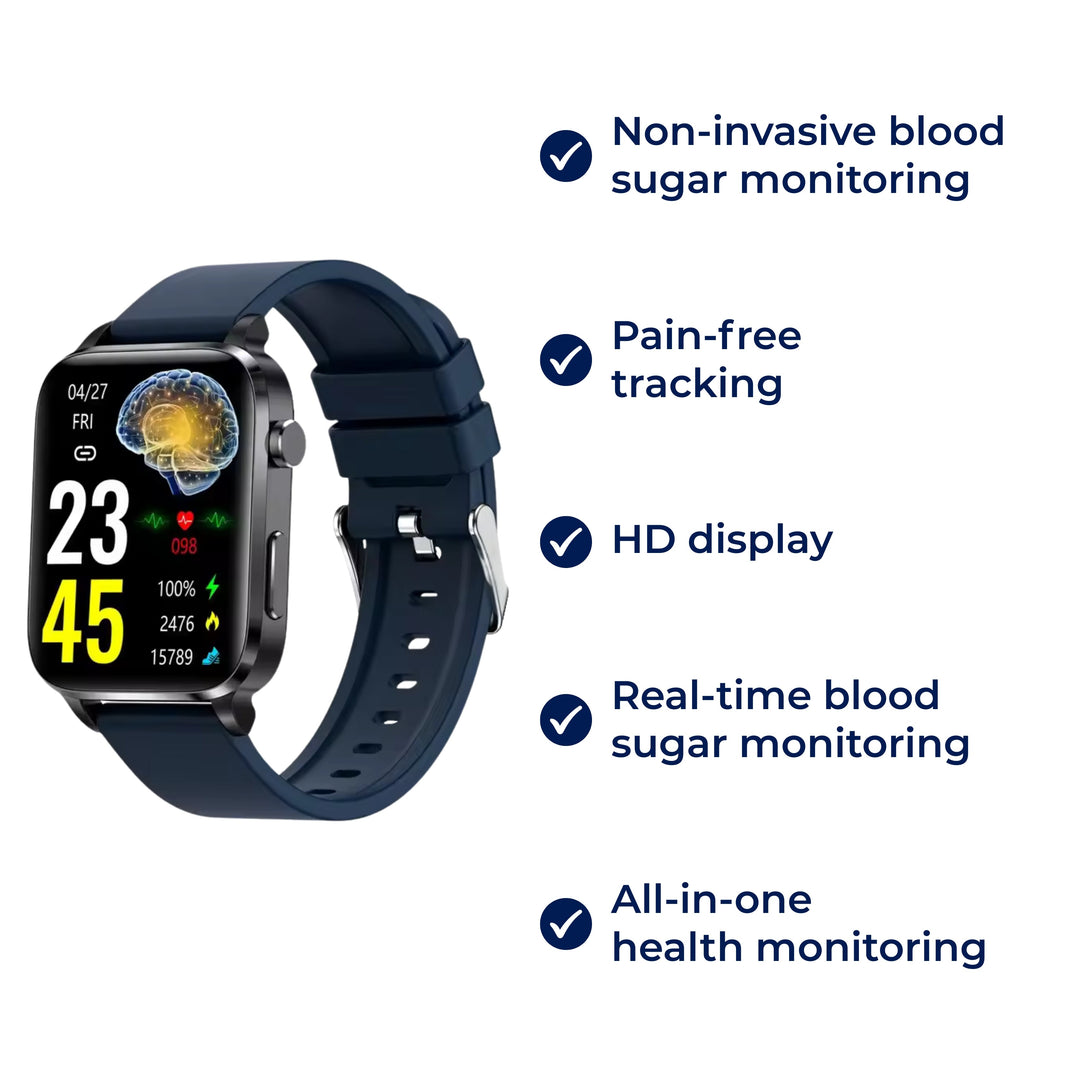 Smartwatch for diabetes management: non-invasive blood sugar monitor, glucose tracker, and health monitoring.