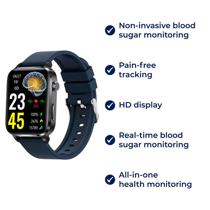 Smartwatch for diabetes management: non-invasive blood sugar monitor, glucose tracker, and health monitoring.