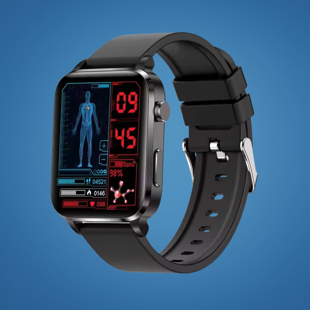 Adults' health monitoring smartwatch: non-invasive blood sugar & glucose tracker with a clear HD display.