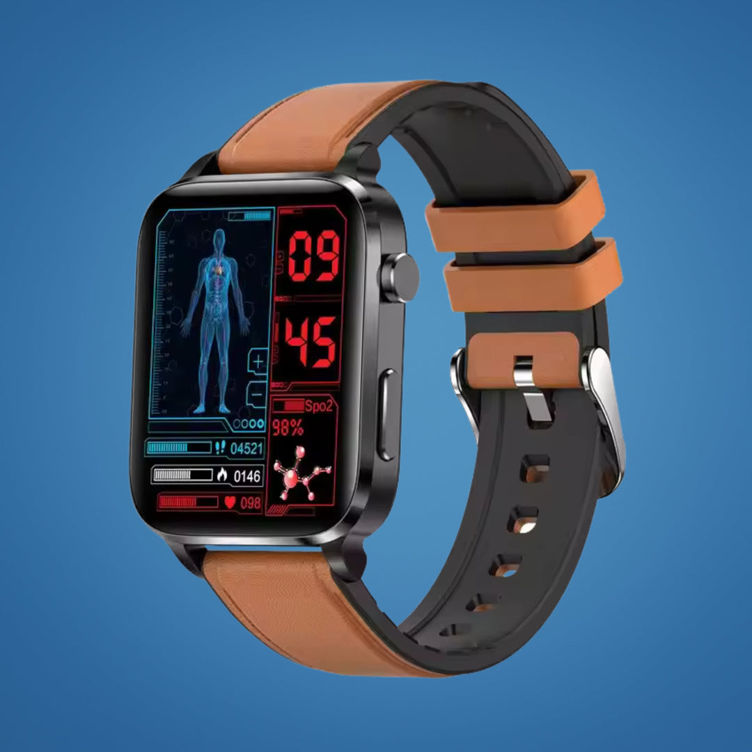 Non-invasive glucose tracker smartwatch for adults' health, featuring HD display & comprehensive monitoring.