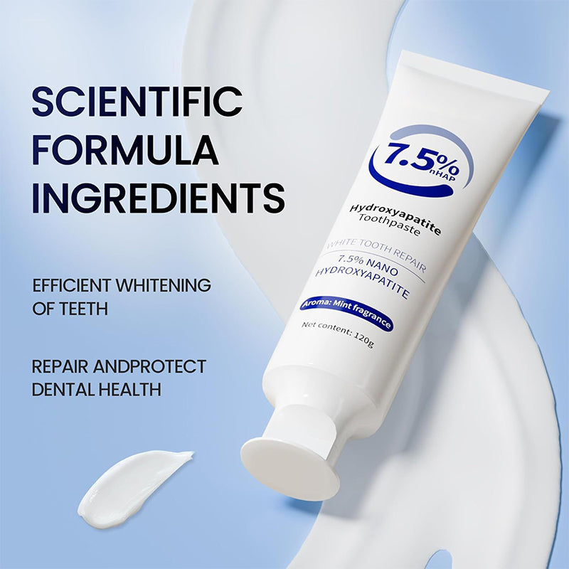 Advanced Hydroxyapatite Whitening Toothpaste tube & brush, promoting enamel repair