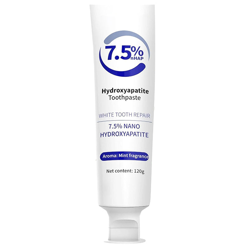 Advanced Hydroxyapatite Whitening Toothpaste next to a glass of water, promoting a fresh mouth