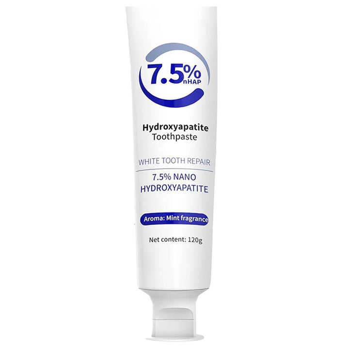 Advanced Hydroxyapatite Whitening Toothpaste next to a glass of water, promoting a fresh mouth