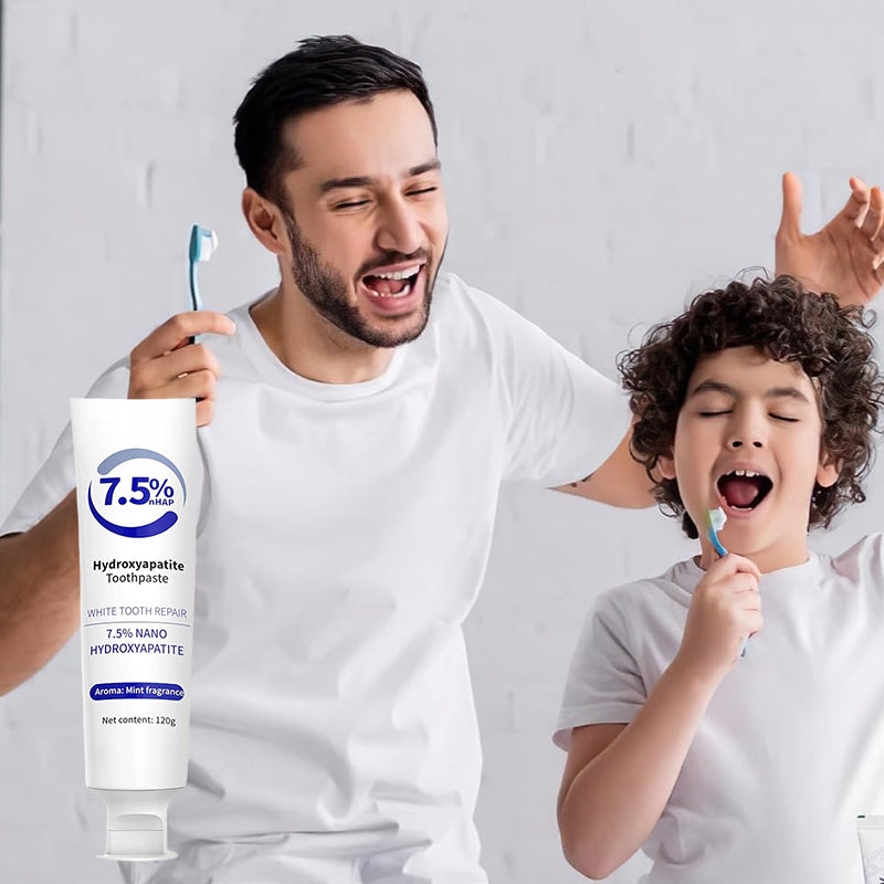 Advanced Hydroxyapatite Whitening Toothpaste with a radiant smile, showcasing whitening benefits