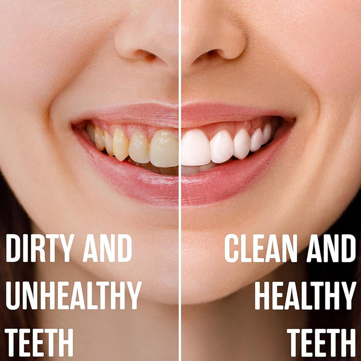 Before/after image with Advanced Hydroxyapatite Whitening Toothpaste, showing whitening results