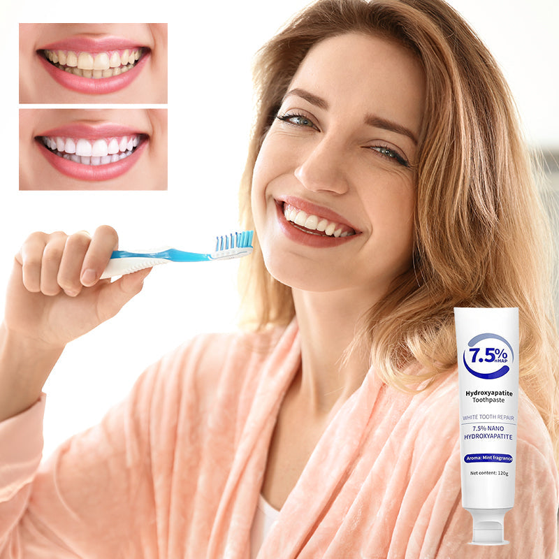 Advanced Hydroxyapatite Whitening Toothpaste tube standing upright, for daily oral hygiene