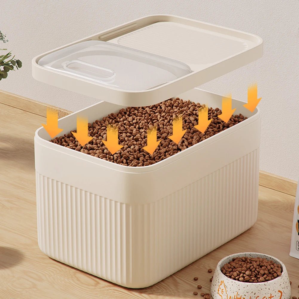 White airtight pet food container for fresh dry dog & cat food. Durable plastic for kitchen organization & pet supplies.