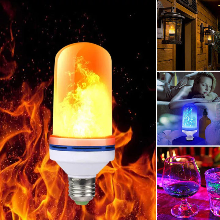 Party light LED bulb with dynamic flame effect, gravity-sensing for an engaging display
