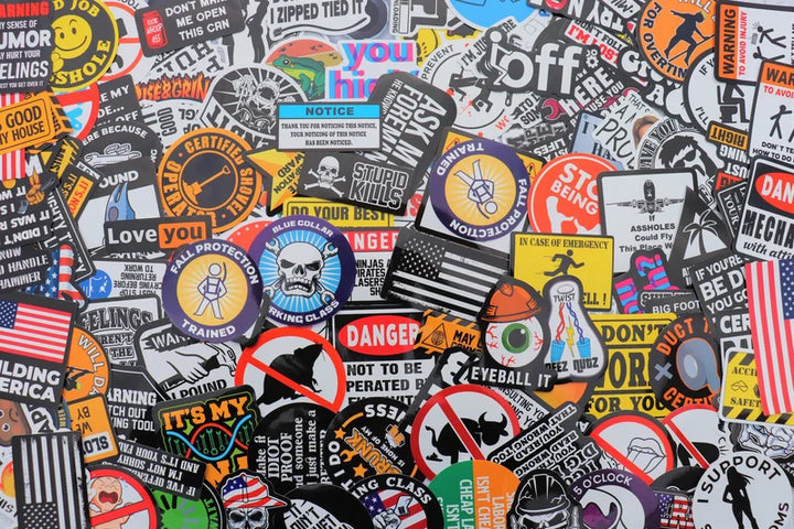 Close up of 'Merica F*ck Yeah' blue collar themed waterproof vinyl sticker, durable & humorous.